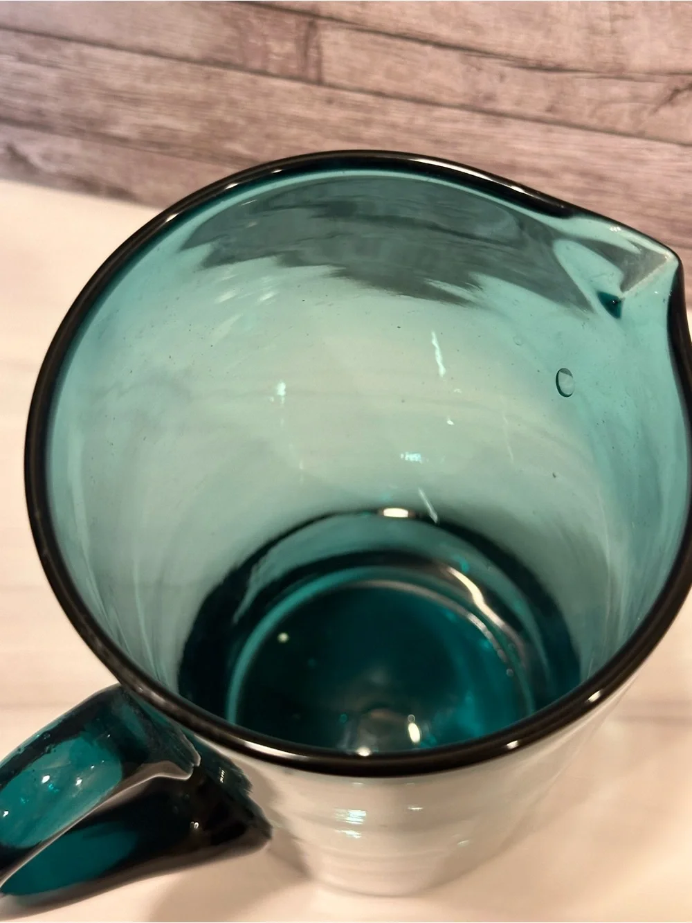 Vintage Hand Blown Teal Blue Glass Pitcher Mid Century Modern MCM Water Carafe